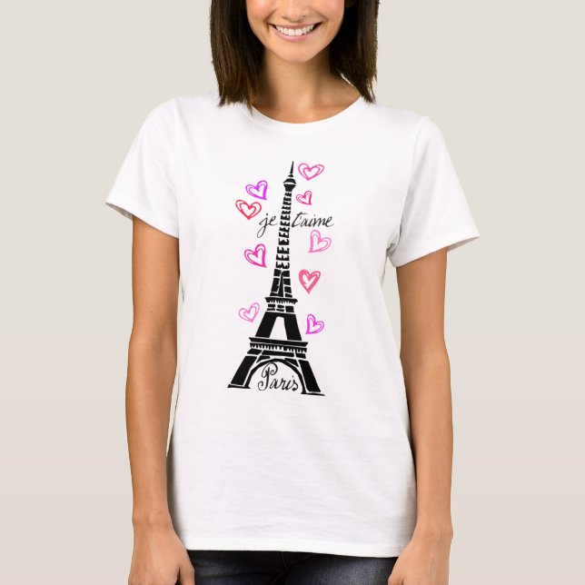 PARIS JE T'AIME EIFFEL OCH ROSA HJÄRTOR T-SHIRT (Framsida)