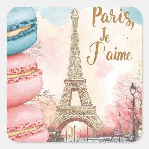 Paris, Je T'aime - Eiffel Torn med Macarons Fyrkantigt Klistermärke