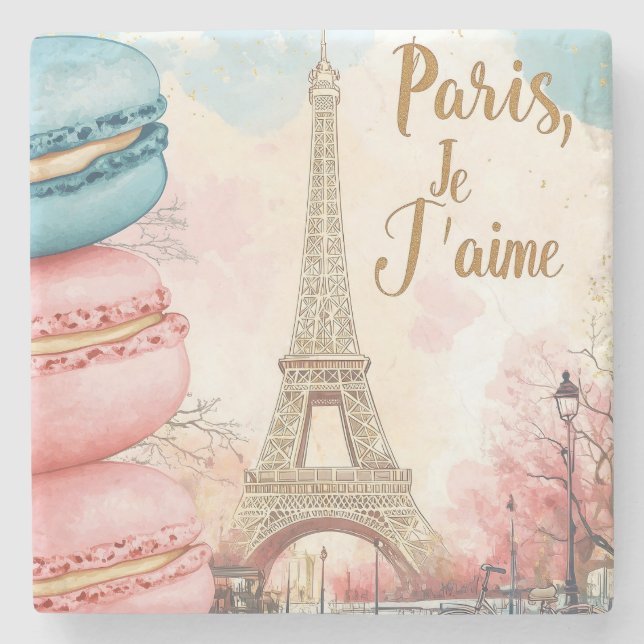Paris, Je T'aime - Eiffel Torn med Macarons Stenunderlägg (Framsidan)