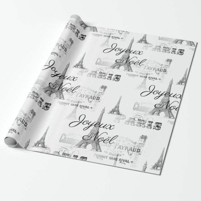 Paris Joyeux Noel Jul B&W Wrapping Papper Presentpapper (Utrullad)