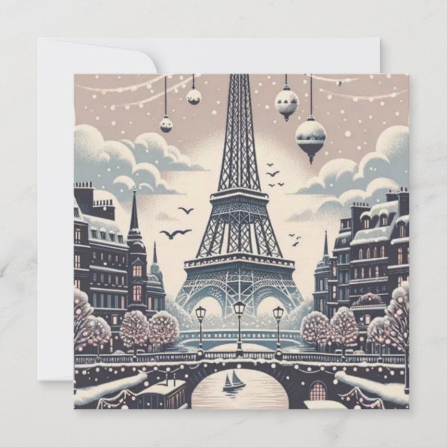 Paris julplakat – Eiffeltornet snöig vinter (Framsida)