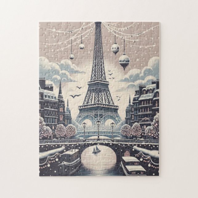 Paris julplakat – Eiffeltornet snöig vinter Pussel (Vertikal)