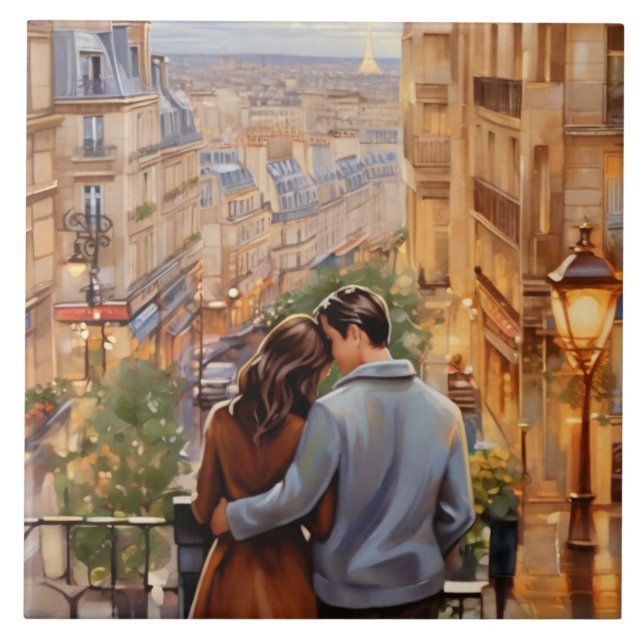 Paris Kärlek: Romantiskt Par Fransk Stadsvy Kakelplatta (Framsidan)
