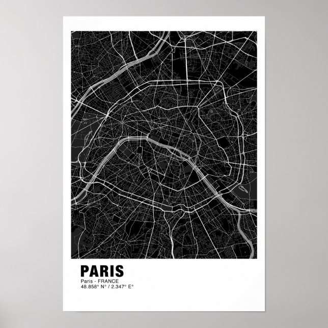 Paris Karta Poster - Frankrike Black Karta (Framsidan)