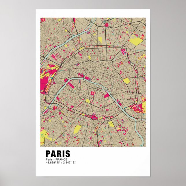 Paris Karta Poster - Frankrike Snyggt  Colorful Ka (Framsidan)