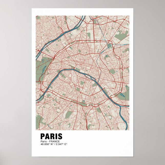 Paris Karta Poster - Frankrike Vintage Karta Stil  (Framsidan)
