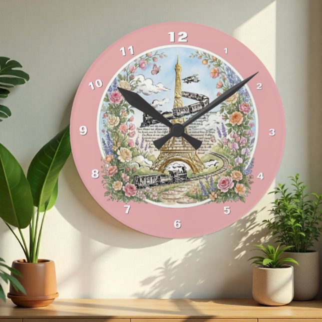 Paris klocka, Eiffeltornet, Rosa, Fransk konst Rund Klocka (Romantic Holiday in Paris Wall Clock, Eiffel Tower / French Art)