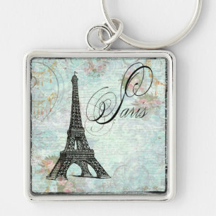 Paris La Tour Eiffel-Fransk Design Fyrkantig Silverfärgad Nyckelring