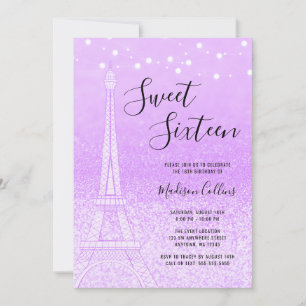 Paris Lila Glitter Ljus Sweet 16 Inbjudningar
