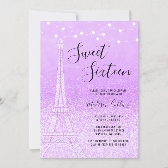 Paris Lila Glitter Ljus Sweet 16 Inbjudningar (Framsida)