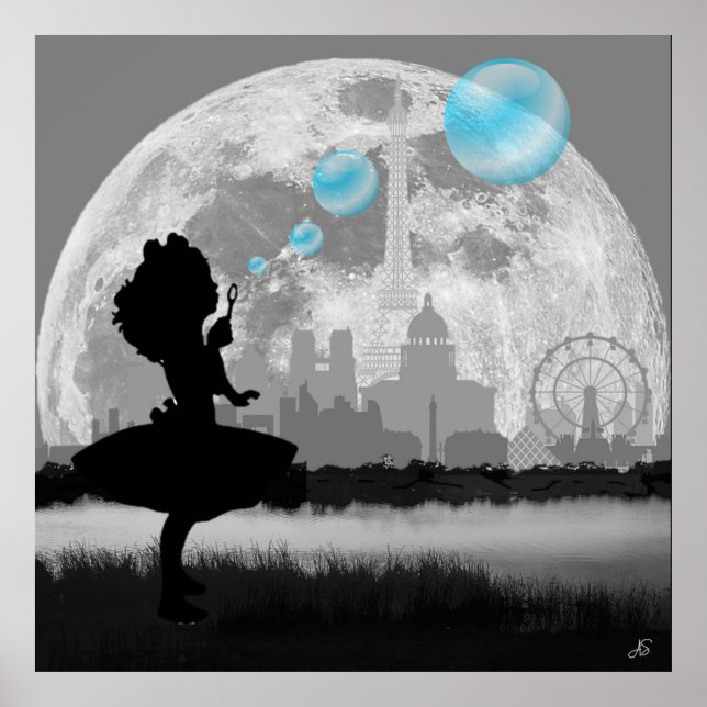 PARIS Liten flicka som gör blå bubbelkonstaffisch Poster (Framsidan)
