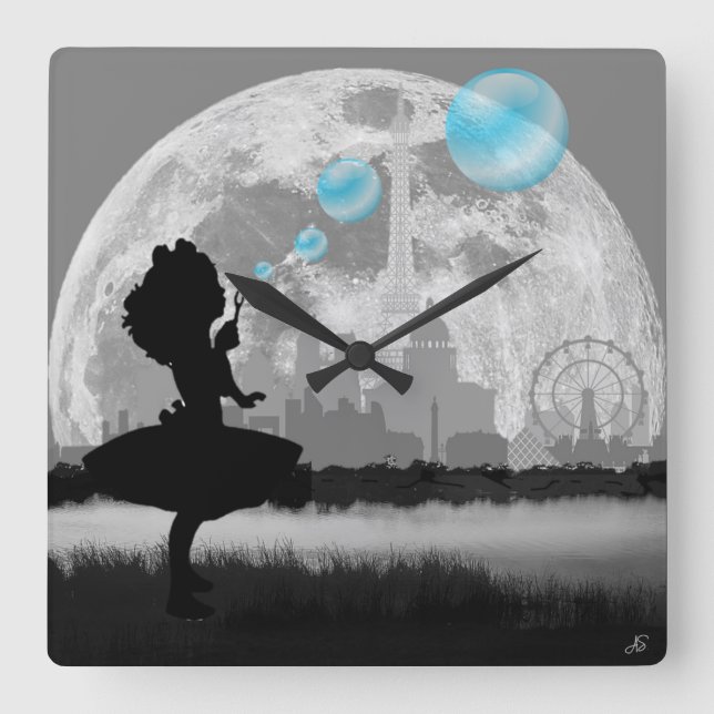 PARIS Liten flicka som gör blå bubbelväggklocka Fyrkantig Klocka (Framsida)