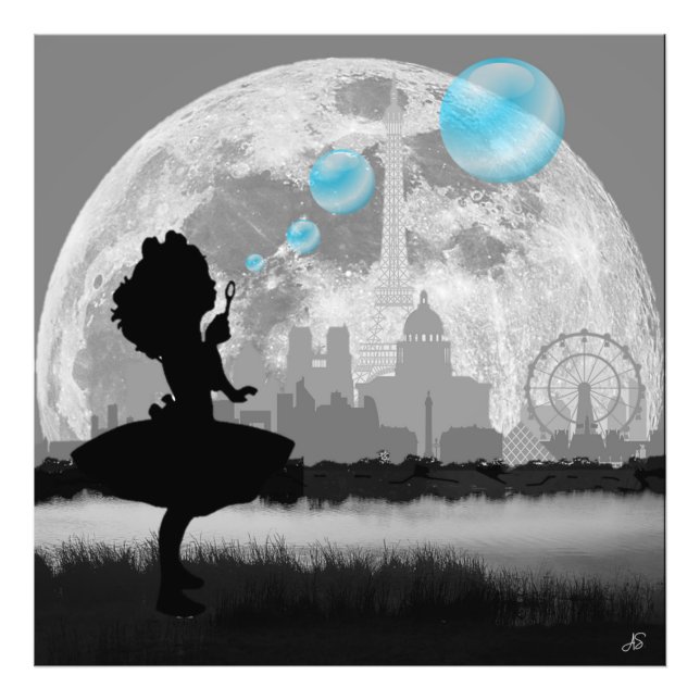 PARIS Liten flicka som gör blå bubbla Foto Art (Framsidan)