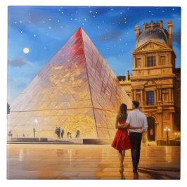 Paris Love: Louvre Museum Pyramid Romantic Couple Kakelplatta