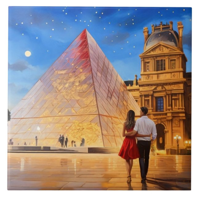 Paris Love: Louvre Museum Pyramid Romantic Couple Kakelplatta (Framsidan)
