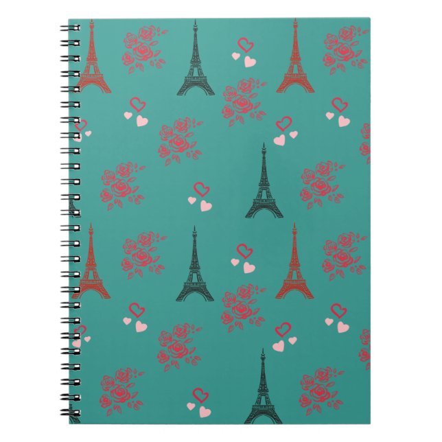 Paris Love Pattern – Eiffel Tower & Roses Seamless Anteckningsbok (Framsidan)
