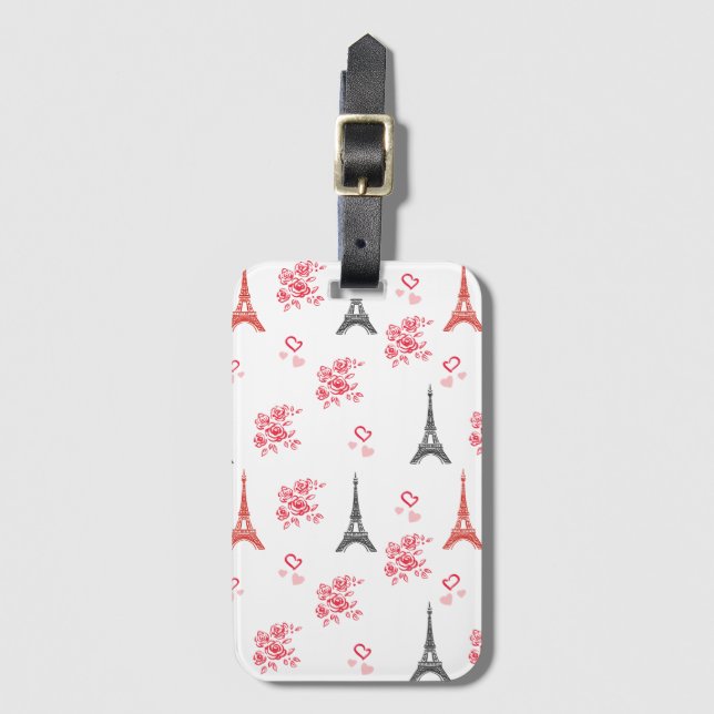 Paris Love Pattern – Eiffel Tower & Roses Seamless Bagagebricka (Framsida vertikal)