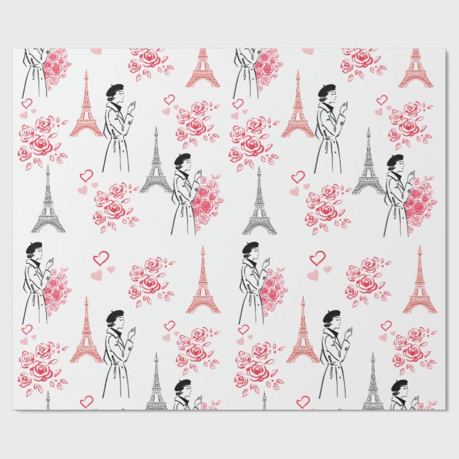 Paris Love Pattern – Eiffel Tower & Roses Seamless Presentpapper (Platt)