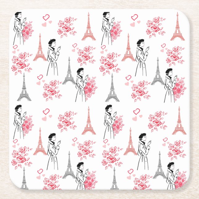 Paris Love Pattern – Eiffel Tower & Roses Seamless Underlägg Papper Kvadrat (Framsidan)