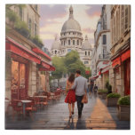 Paris Love: Romantic Couple by Sacre Coeur Church Kakelplatta<br><div class="desc">"romantic couple street walk",  "paris france Sacre Coeur",  "travel tourist montmartre church",  "classic white Basilica walking",  "in love with romance",  "passionate husband wife walks",  "boyfriend girlfriend valentines day",  "red dress architecture buildings",  "french parisian city town cafe",  "bistro red awning dress"</div>