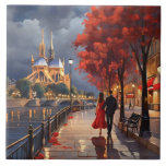 Paris Love: Romantic Couple by Seine Notre Dame Kakelplatta<br><div class="desc">"romantic couple street walk",  "paris france seine river",  "travel tourist notre dame church",  "classic autumn trees walking",  "in love with romance",  "fall husband wife walks",  "boyfriend girlfriend valentines day",  "red dress night stroll",  "french parisian city town",  "bridge shops awning lights"</div>