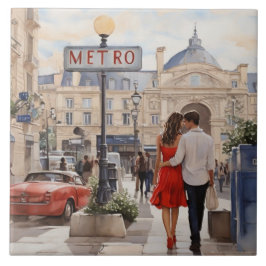 Paris Love: Romantic Couple by Train Station Metro Kakelplatta