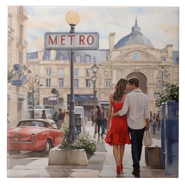 Paris Love: Romantic Couple by Train Station Metro Kakelplatta (Framsidan)