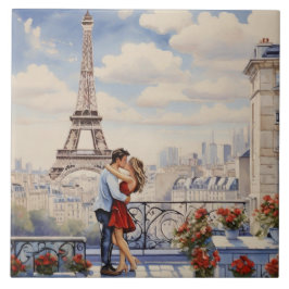 Paris Love: Romantic Couple Eiffel Tower Balcony Kakelplatta