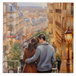 Paris Love: Romantic Couple French City View Kakelplatta<br><div class="desc">"romantic couple street viewpoint",  "paris france view point",  "travel tourist city skyline",  "classic yellow beige cityscape",  "in love with romance",  "passionate husband wife balcony",  "boyfriend girlfriend valentines day",  "cute loving hugging hug",  "french parisian town walk",  "european europe vacation souvenir"</div>