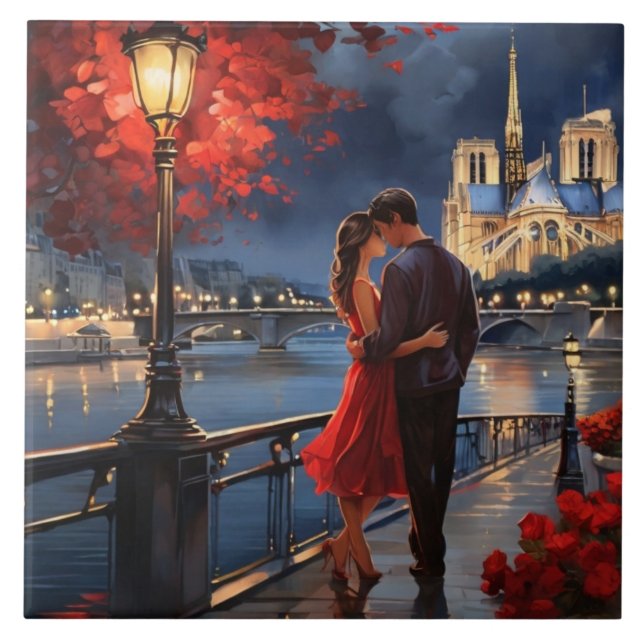 Paris Love: Romantic Couple Seine River Notre Dame Kakelplatta (Framsidan)