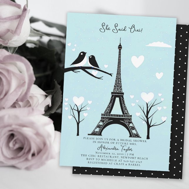 Paris Lovebird Eiffel Winter Blue Möhippa Inbjudningar (winter bridal shower invitation paris theme she said oui ice blue lovebirds hearts elegant romantic )