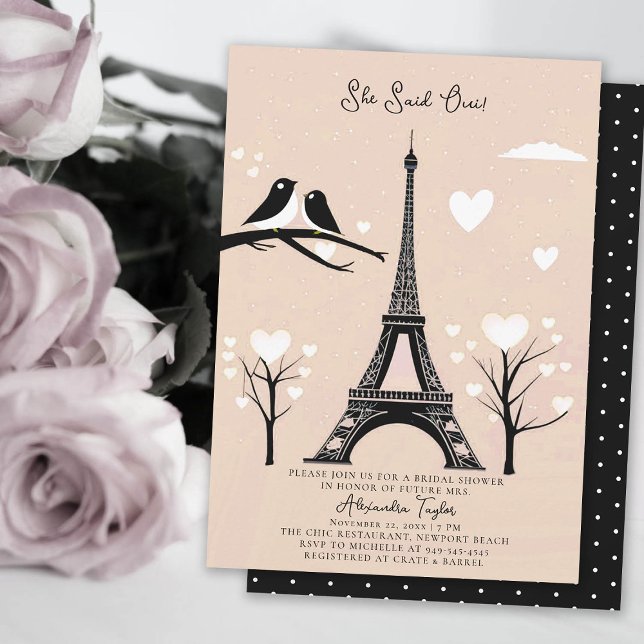 Paris Lovebird Eiffel Winter Peach-Möhippan Inbjudningar (winter bridal shower invitation paris themed she said oui eiffel tower lovebirds hearts blush peach )