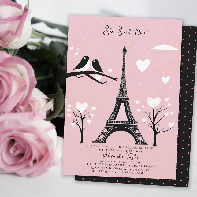Paris Lovebird Hearts Eiffel Winter Möhippa Inbjudningar (winter bridal shower invitation paris theme black eiffel white hearts trees lovebirds pink blush oui)