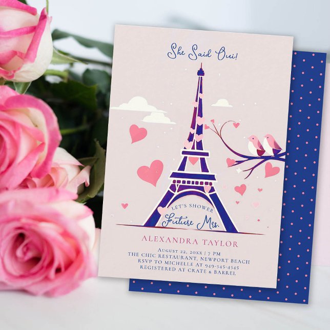 Paris Lovebird Rosa Hearts Navy Möhippa Inbjudningar (paris bridal shower invitation theme navy pink eiffel hearts lovebirds she said oui elegant modern)