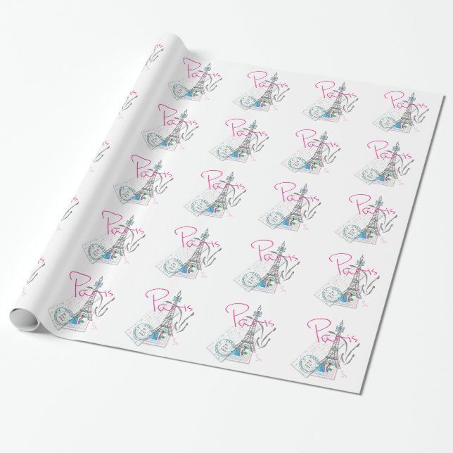 PARIS med kärlek - Eiffel Torn & Brev Presentpapper (Utrullad)