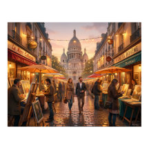 Paris Montmartre Konstmarknad i skymningen Affisch