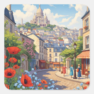 Paris Montmartre Postcard Fyrkantigt Klistermärke