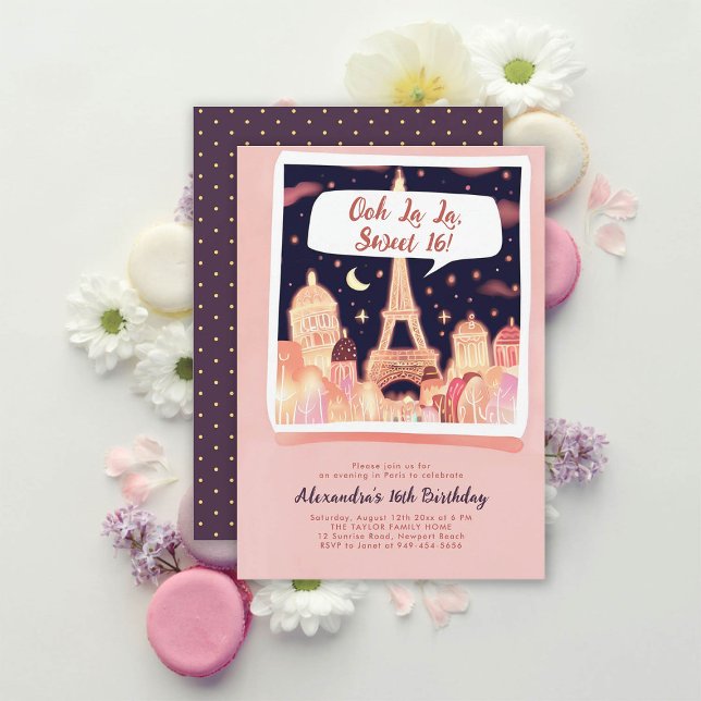 Paris Natt Eiffel Tecknad Stil Rosa Chic Sweet 16 Inbjudningar (paris sweet 16 invitation girls comics book illustration night eiffel moon stars elegant girly chic)