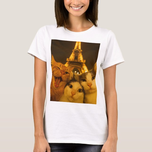 Paris Night Cat Selfie Squad Lover                 T Shirt (Framsida)