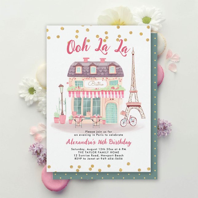 Paris Night Eiffel Bistro Rosa Grönt Sweet 16 Inbjudningar (paris sweet 16 invitation sixteenth birthday girl french bistro eiffel illustration chic fashion)