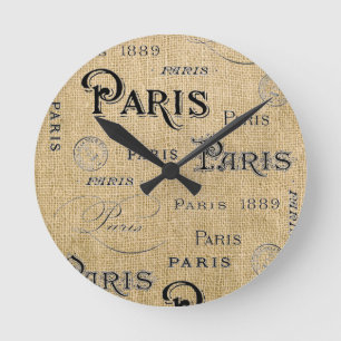 Paris om Burlap Rund Klocka