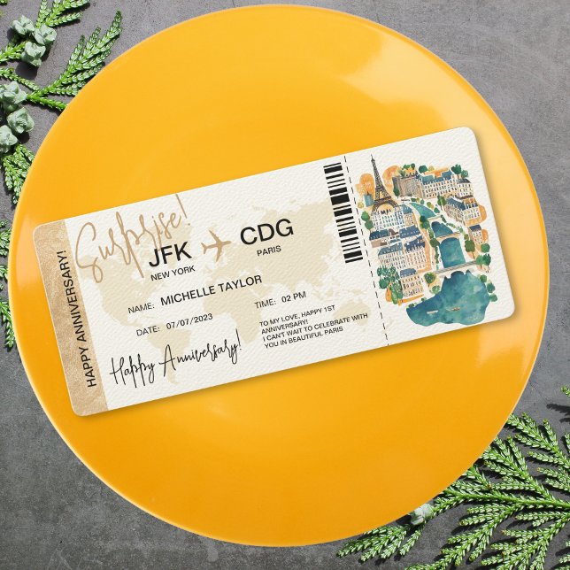 Paris överraskningsjubileumsboardingpass Biljett Inbjudningar (surprise boarding pass ticket trip to paris with watercolor illustrated map)