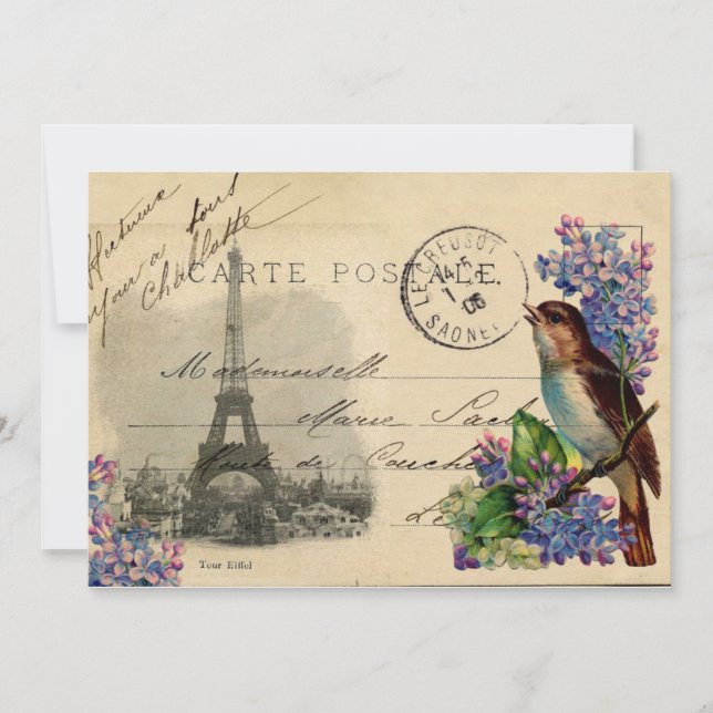 Paris Postcard Bird på Lilacs-inbjudan Inbjudningar (Framsida)
