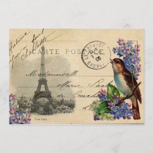 Paris Postcard Bird på Lilacs-inbjudan Inbjudningar