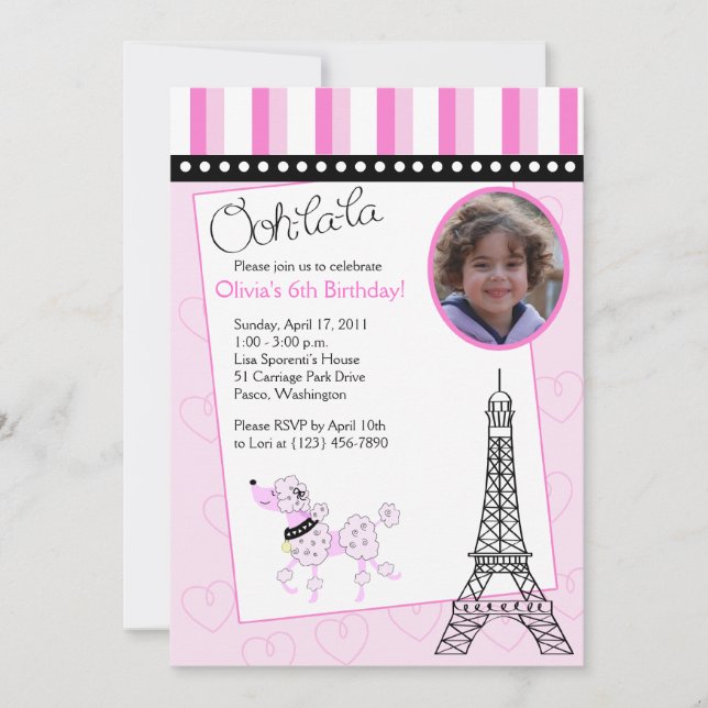 Paris Pudel 5x7 Rosa Birthday-inbjudan Inbjudningar (Framsida)