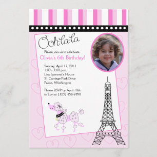 Paris Pudel 5x7 Rosa Birthday-inbjudan Inbjudningar