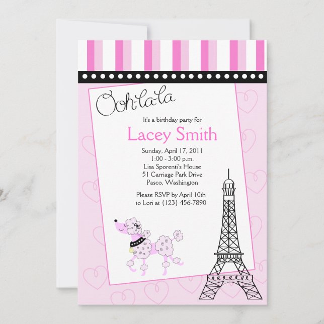 Paris Pudel 5x7 Rosa Birthday-inbjudan Inbjudningar (Framsida)