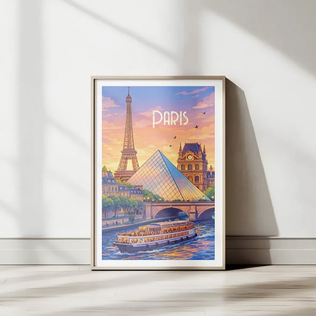 Paris Retro Travel Poster - Eiffel Tower & Louvre  (Skapare uppladdad)