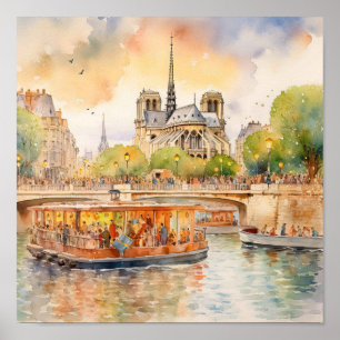 Paris River Seine Boat Resa Scene Art Poster