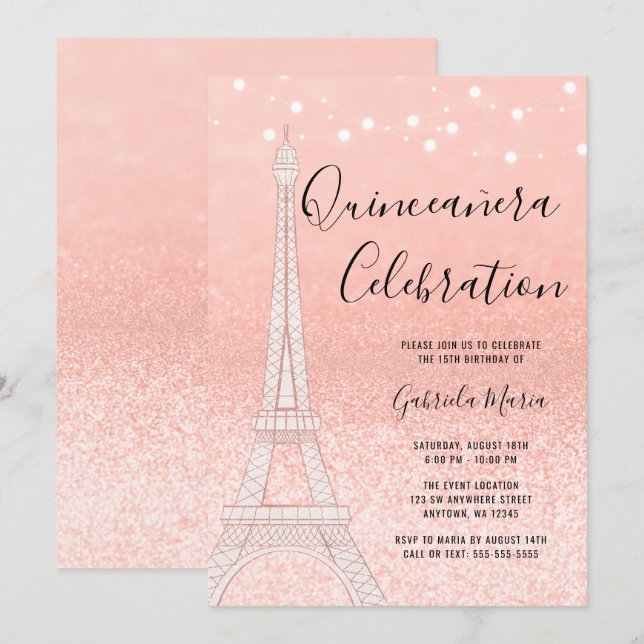 Paris Ro Guld Glitter Ljus Quinceañera Inbjudningar (Fram/baksida)